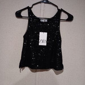 Zara Black Sequin Crop Tank Top Size Xs New